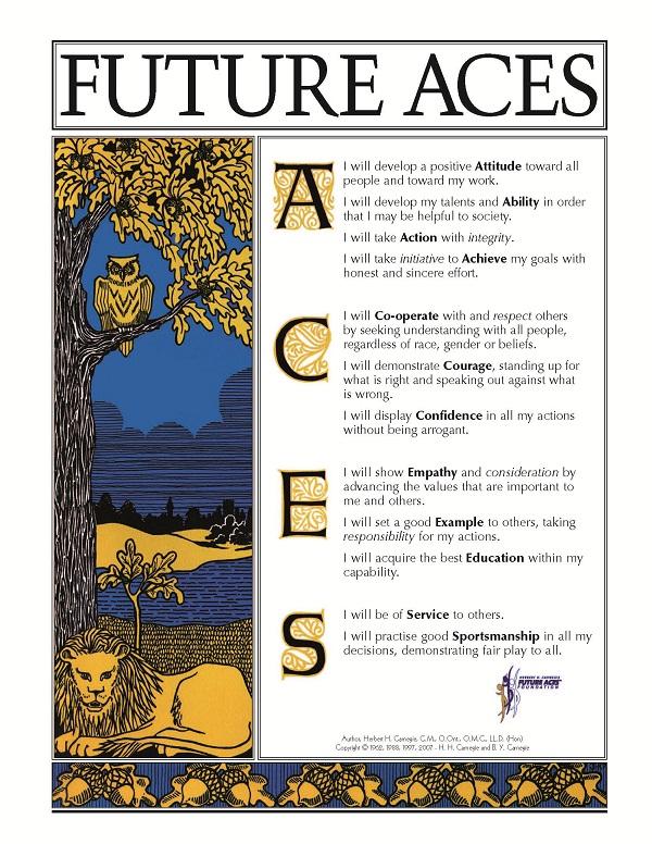 A decorative image featuring an owl in a tree, and a lion at the foot of the tree. The text is the ACES promise.
